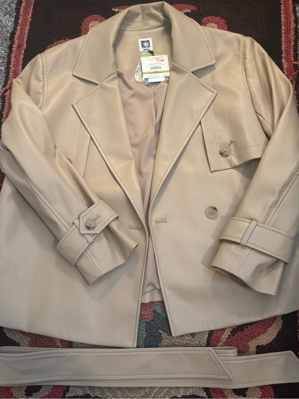 Anne Klein Classic Beige Faux-Leather Trench Coat - Women's Jacket